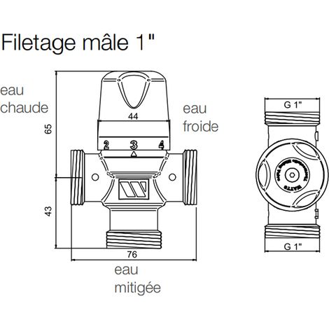 Watts – Mitigeur thermostatique solaire 1' mâle G 1' (26/34) – Corps laiton – Température max 110°C – Débit 63 l/min pour systèmes d'eau chaude (1/3)