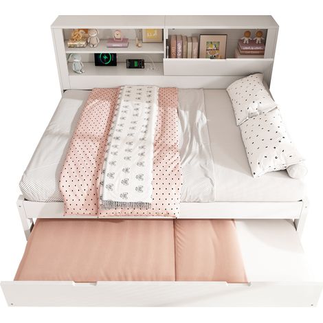 CHICFURN Lit banquette 140x190 avec lit gigogne 90x190 blanc, rangement intégré, station USB et USB-C, sommier à lattes, cadre de lit convertible sans matelas (1/5)