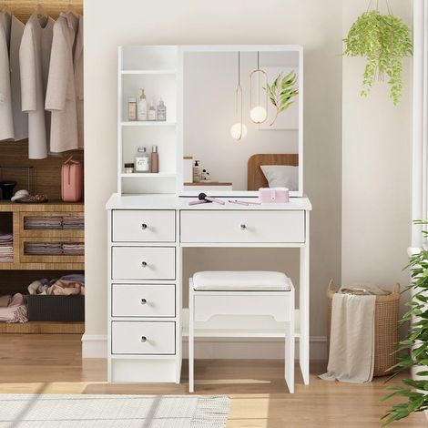 Clipop – Coiffeuse blanche avec miroir coulissant – 5 tiroirs spacieux – Panneau MDF classe E1 – Dimensions 80x40x130 cm (1/5)