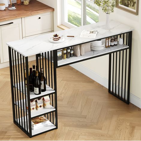 Mesa de bar con almacenaje 140 x 40 x 105 cm, MDF efecto mármol, negro y blanco OKMYHOME (1/5)