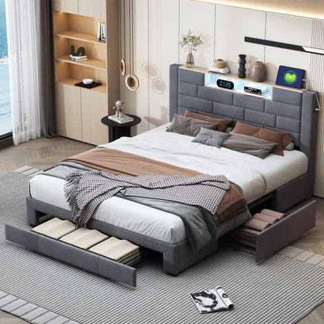Lit double 160x200 cm – Lit coffre – Tiroirs – Éclairage LED – Port USB – Tête de lit rembourrée – Sommier lattes – Design moderne – Velours (1/5)
