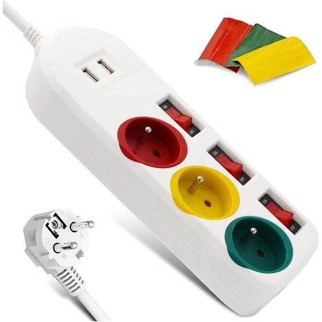 ALOVEZ Multiprise 3 prises colorées, 2 USB, interrupteurs (1/4)