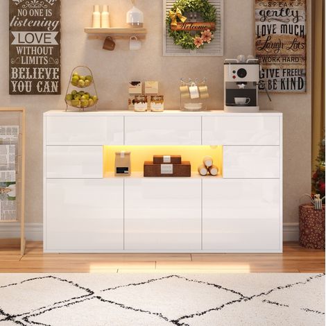 Sideboard 140x30x82 cm Weiß aus MDF mit 3 Schubladen, 5 Fächern, LED-Beleuchtung und Hochglanzfront (1/5)