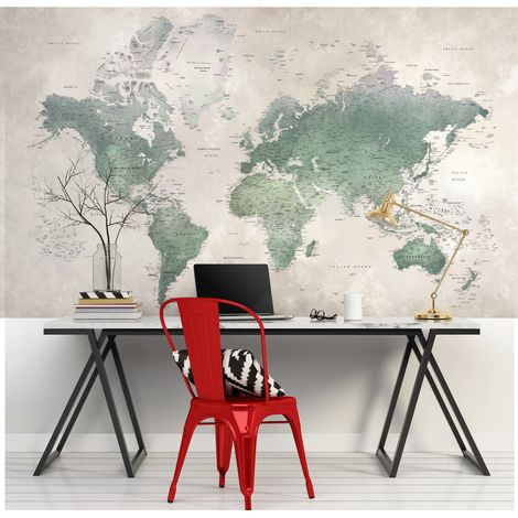 Papier peint panoramique intissé mappemonde verte 250 cm x 150 cm – Décoration murale originale – Pose facile sur murs propres – Plage (1/2)