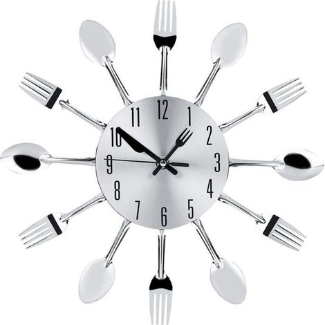 Orologio da parete fai-da-te in acciaio inox, posate da cucina silenziose, decorazione originale con forchetta, coltello e cucchiaio, design moderno - Crezuo