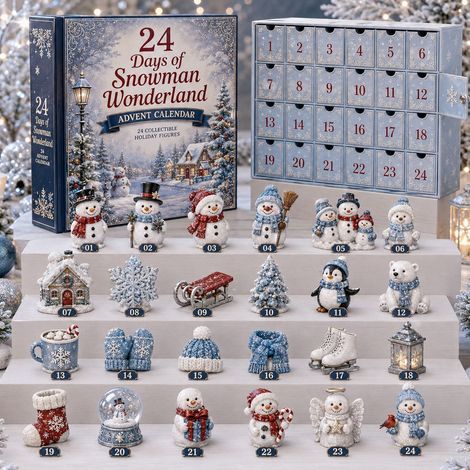Adventskalender 2026 – 24-teilig – blau, weiß, silber – Acryl – 24 Tage mit Schneemann- und Wunderland-Motiven – Christbaumschmuck – geeignet für Weihnachten und als Dekoration im Innenbereich (1/3)