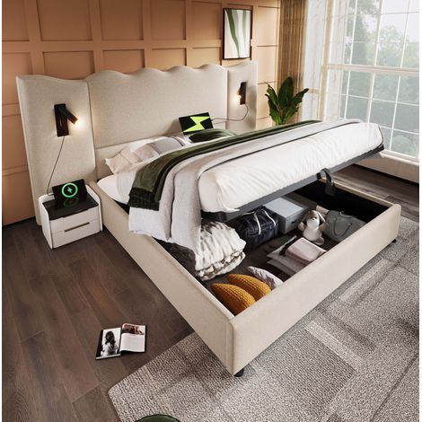 Letto contenitore 180x200 con lampada da lettura, USB e USB-C, beige in lino, DESVIAE (1/5)