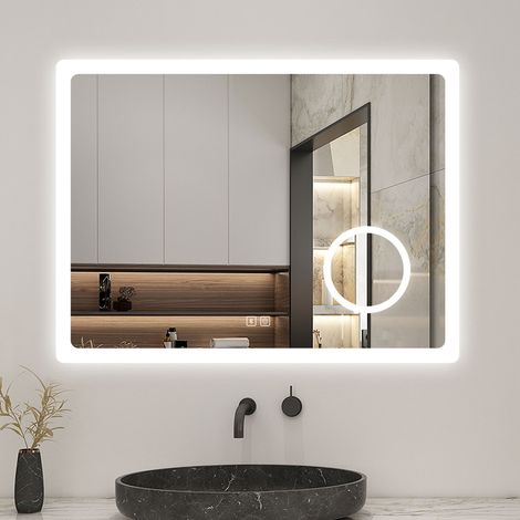 AICA 80X60CM SPECCHIO DA BAGNO BLUETOOTH ANTIAPPANNAMENTO, 3 COLORI DIMMERABILI, LENTE D'INGRANDIMENTO 3X (1/5)