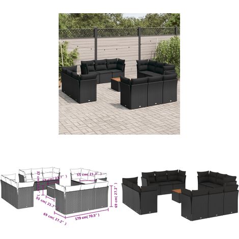 13-tlg. Garten-Sofagarnitur mit Kissen Schwarz Poly Rattan - Gartensortiment - Outdoor Möbel - Gartenlounge - Lounge Set - Esstischset - Home & Living (1/3)