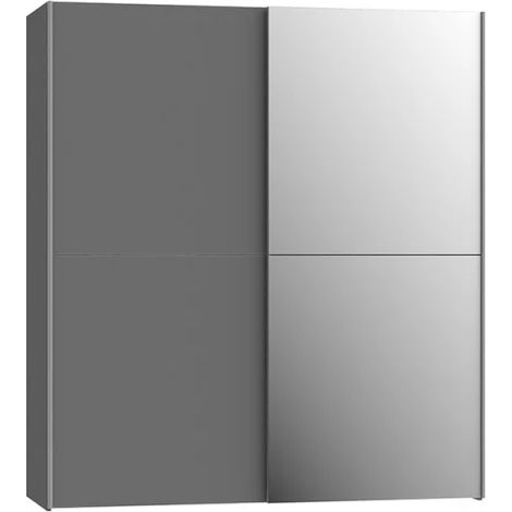 Armoire 2 portes coulissantes 170,3x190,5x61,2cm – 5 tablettes réglables – Miroir intégré – Décor gris foncé moderne – Meubletmoi (1/5)