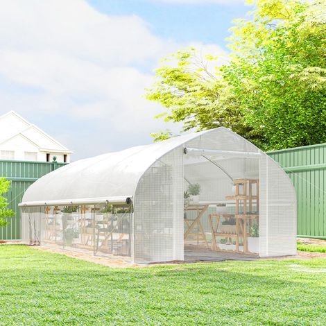 Serra a tunnel 6x3x2 m con protezione anti-UV e porta avvolgibile con cerniera, pareti laterali in rete, colore bianco.