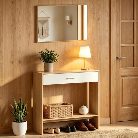 Console d’entrée avec miroir mural, table d’appoint avec tiroir, 91,5 x 27,9 x 85,5 cm, blanc chêne (1/5)