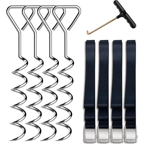 Lot de 4 spirales d'ancrage au sol en forme de tire-bouchon pour trampoline avec sangle (1/5)