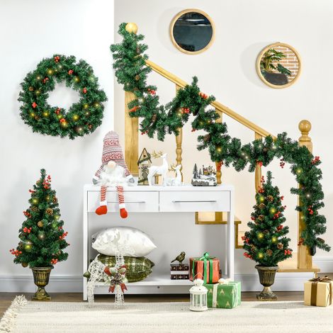 Weihnachtsdekoration mit LED-Lichtern und roten Beeren, 4-teiliges Set mit 2 Weihnachtsbäumen (Ø 40 x 90 cm), einer Weihnachtsgirlande und einem Weihnachtskranz
