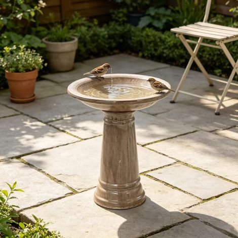 Fontaine à oiseaux en céramique faite à la main (Ø 31,5 cm, hauteur 38 cm), beige antique brillant avec glaçure naturelle, résistante aux intempéries et au gel, pour petit jardin, terrasse et balcon u