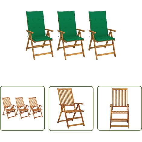 The Living Store Chaises pliables de jardin lot de 3 avec coussins Bois d'acacia - Chaise De Jardin - Chaise Pliante - Mobilier De Jardin - Meubles De Jardin - Acacia (1/5)