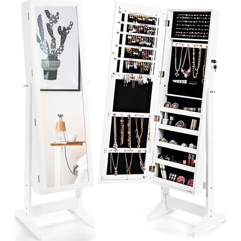Mobiletto portagioielli indipendente con specchio angolare 41 x 36,5 x 146 cm contenitore organizzato moderno ed elegante in MDF bianco 200010391
