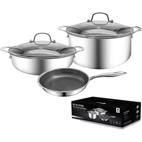 Set di pentole da 5 pezzi  Acciaio inossidabile + vetro  Padella, 2 pentole e 2 coperchi  Antiaderente  Compatibile con pian (1/5)