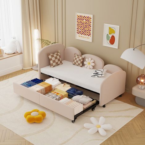 Letto da giorno per bambini a fiore 90x200 cm con cassetto, velluto rosa, struttura in ferro, bordi di sicurezza (1/5)