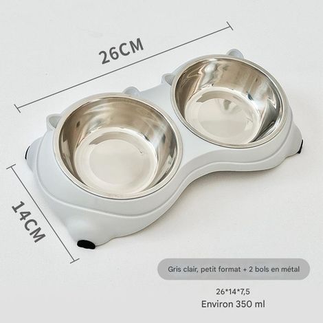 Gamelle double pour chat en acier inoxydable, gamelle d'eau et gamelle pour gamelle combinées, confortable - Gris clair, petit format (26 × 14 × 7,5 cm, Contenance 350 ml) (1/5)