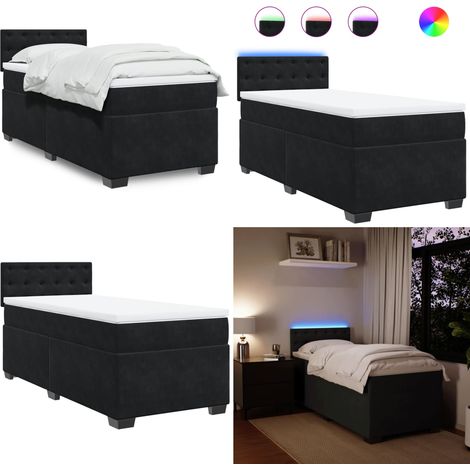Cama box spring con colchón cuero sintético negro 90x190 cm - Colchón de muelles ensacados - Cama con luz LED