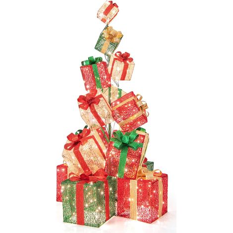 COSTWAY Set Scatole Regalo Illuminate di Natale da 170 cm, Torre di Scatole Regalo con 450 Luci Bianche Calde, Decorazioni Natalizie a Luce per Interni ed Esterni