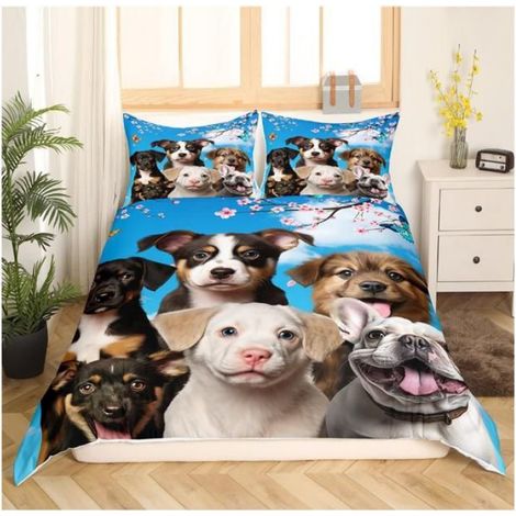 Housse de Couette 200x200 Chien Sets de Housses de Couettes Papillon Bleu, Couvre Lit Chiot Carlin Mignon Kawaii - DN7