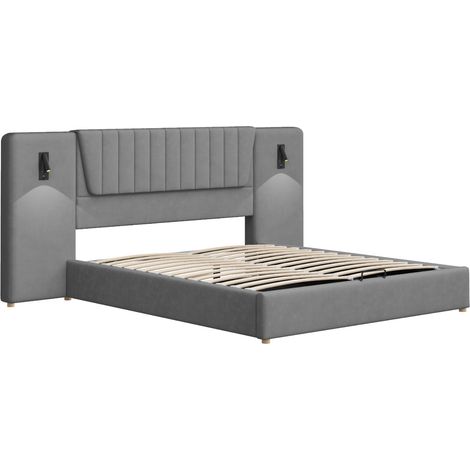 Lit rembourré 180 x 200 cm, avec dossier extra long, lampe de lecture orientable, port de charge USB, lit de rangement hydraulique, lit double, tissu velours, gris (1/5)