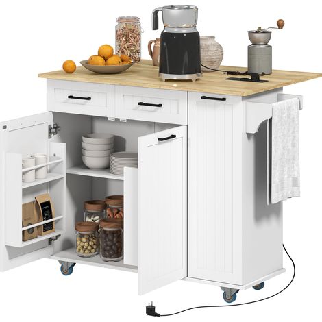 Weiße, mobile Kücheninsel mit Steckdose und USB-Anschluss, klappbarem Regal und verstellbarem Regalboden
