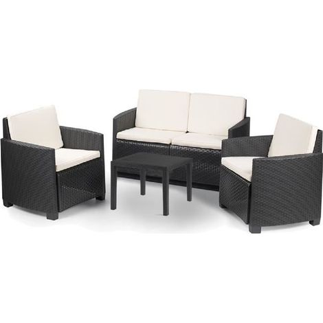 Salon de jardin - JUANIO - Ensemble 4 pièces - Résine effet rotin - Anthracite/Crème - Pour 4 personnes (1/3)