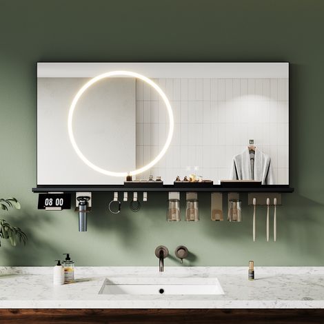 SONNI Badspiegel mit LED Beleuchtung Ablage, Antibeschlag, 3-Farben Beleuchtung und Einstellbare Helligkeit, 1200×600, kreisförmige Lichtleiste (1/5)