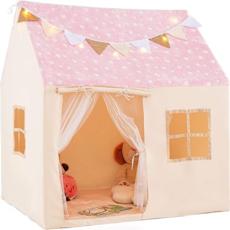 COSTWAY Tenda Casetta per Bambini con Tetto Stellato Luminoso nel Buio, Tenda per Bambini con Luci e Bandierine, Tenda da Gioco con Porta, 2 Finestre e Tappetino, per Interno ed Esterno (Rosa) (1/5)