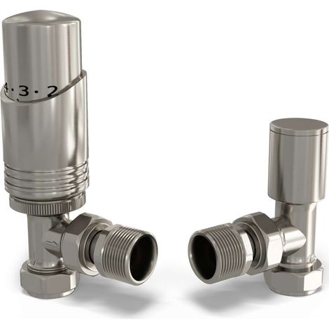 Talus Bold - Silver Nickel Thermostatic Radiator Valve & Lockshield Angled 15mm