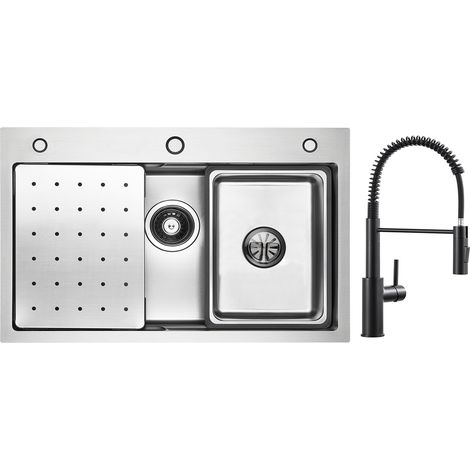 Cecipa Évier de Cuisine Évier 1 Bac 70×45cm avec Egouttoir / Vasque / Distributeur de Savon + Mitigeur de Cuisine à Ressort avec Douchette Extractible, Robinet Evier 2 Modes de Sortie D'eau, Noir (1/5)