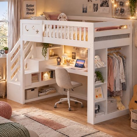 Lit mezzanine enfant 90x200 cm en bois avec bureau, LED, prises, armoire ouverte, étagères et escalier de rangement, barrière lune et étoiles, blanc (1/5)