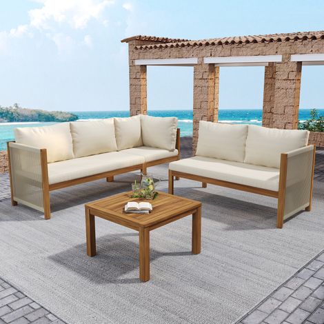 Salotto da giardino angolare con tavolino en acacia massello, corda intrecciata, cuscini confortevoli, beige (1/5)