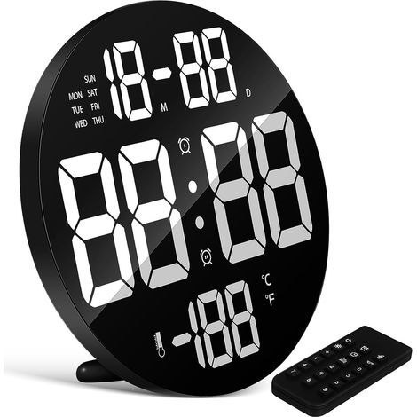 Horloge Murale Numérique LED 23 CM avec Télécommande Grand Affichage Digital Double Usage Mural et Bureau Affichage Température et Calendrier Horloge Ronde à Piles pour (1/5)