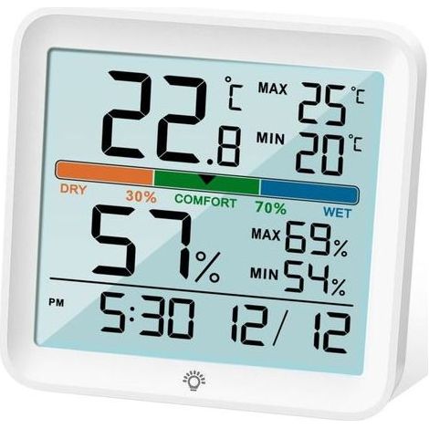 Hygromètre Thermomètre - Ecran LCD 3,7 Pouces Rétroéclairé - Enregistrement MAX/MIN 24 H - Indicateur Confort Humidité Température - Pour Maison Serre Bureau Cave À Vin - 1 Pièce (1/5)