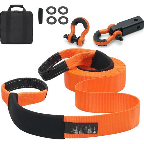 Sangle de Remorquage Polyester Renforcée 3"x9m (CMU 16,3t) avec Élingue, 2 Manilles D-Ring 3/4" et Pochette de Rangement (1/5)