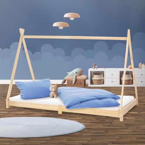ML-Design Letto Montessori Tipi per Bambini 90 x 200 cm Naturale, in Legno di Pino Massiccio, con Rete a Doghe, Lettino Basso a Forma di Tenda Indiana, Giroletto Singolo a Capanna per Cameretta (1/5)