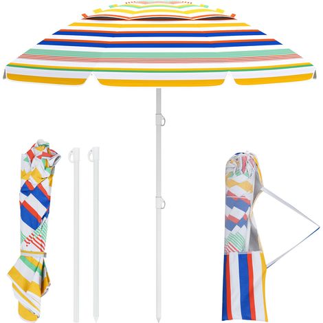 Parasol de Plage Ø200 cm à 30° Inclinaison, Parasol de Jardin Exterieur à Manivelle, Panneau Solaire UPF 50+ & Sac de Transport, Multicolore (1/5)