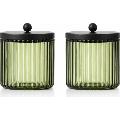 Lot de 2 distributeurs en verre pour boules de coton, cotons-tiges, cotons disques et pics dentaires, organisateur de salle de bain et coiffeuse (vert olive) (1/4)