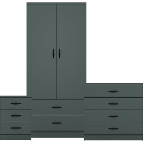Riano 3 Piece Bedroom Set (3 Drw Bedside Chest, 4 Drw Chest, 2 Dr 2 Drw Wardrobe), Green (1/3)
