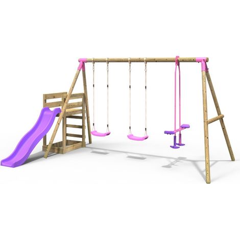 Wooden Triple Swing Set with Glider and Slide - Neptune Pink