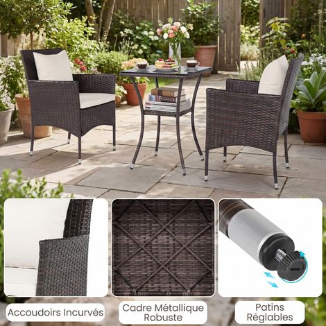 3-Piece Outdoor Garden Furniture Set: 2 Rattan Chairs, 2-Tier Side Table with Tempered Glass Top, White (1/5)