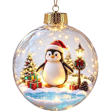 Boule à neige lumineuse en acrylique transparent, décoration de Noël à suspendre au sapin, motif animaux : hérisson, pingouin, panda et mouton. (1/5)