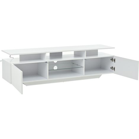 Meuble TV en MDF blanc avec LED, 2 armoires et 8 espaces de rangement, 160 x 40 x 45 cm pour TV jusqu'à 70 pouces (1/5)