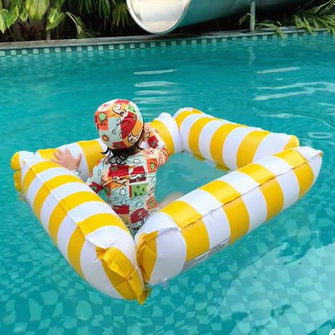 Salon d'eau à 4 tubes rayé jaune-blanc (123×120 cm) – Chaise flottante polyvalente pour enfants et adultes, confortable pour la piscine et plus