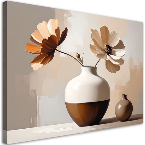 Quadro su tela, Fiori beige in un vaso di ceramica decorativo. - 45x30 (1/2)