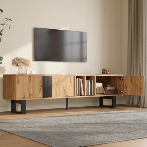 Meuble TV, avec 3 Portes, 2 Niches Ouvertes, Passe-Câbles et Pieds en Métal, MDF et Panneau de Particules, Naturel, 160×40×50 cm (1/5)